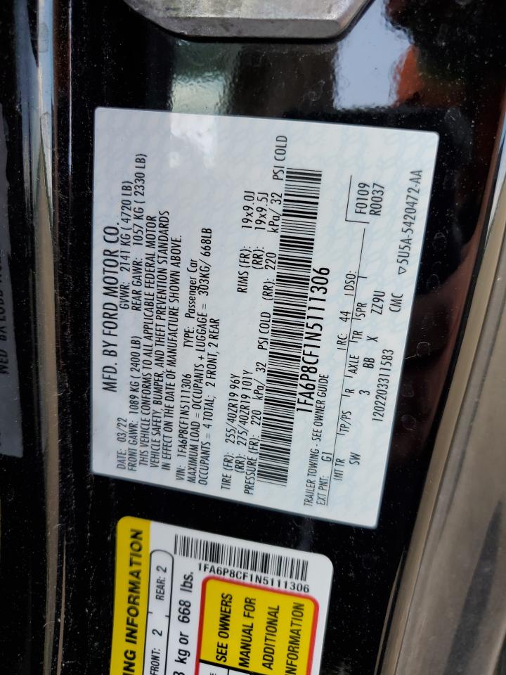 2022 FORD MUSTANG GT VIN:1FA6P8CF1N5111306