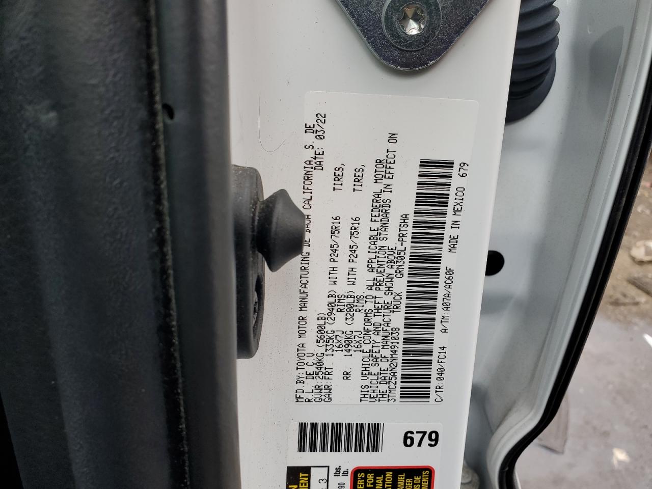 2022 TOYOTA TACOMA DOUBLE CAB VIN:3TMCZ5AN2NM491038