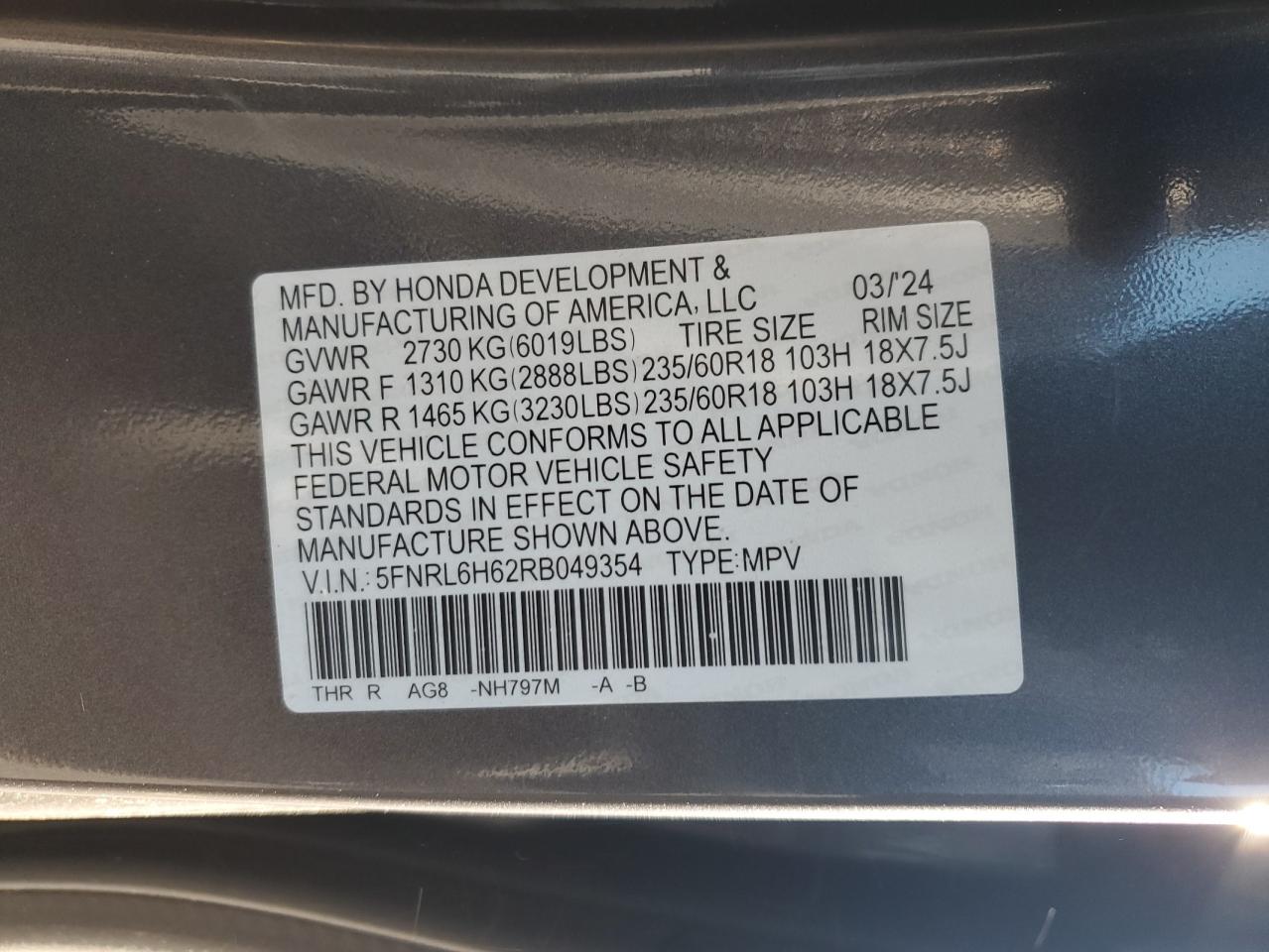 2024 HONDA ODYSSEY EXL VIN:5FNRL6H62RB049354