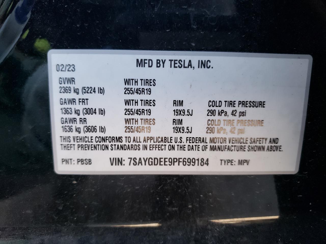 2023 TESLA MODEL Y VIN:7SAYGDEE9PF699184