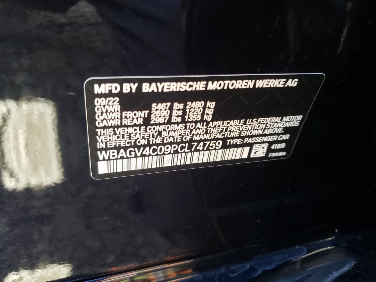 2023 BMW 840XI VIN:WBAGV4C09PCL74759