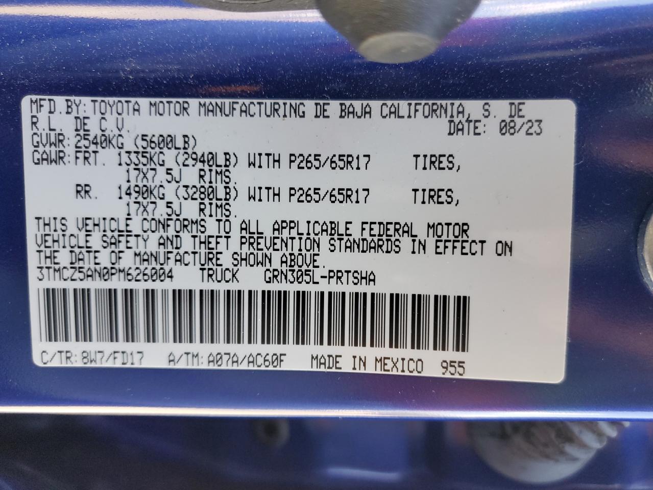 2023 TOYOTA TACOMA DOUBLE CAB VIN:3TMCZ5AN0PM626004