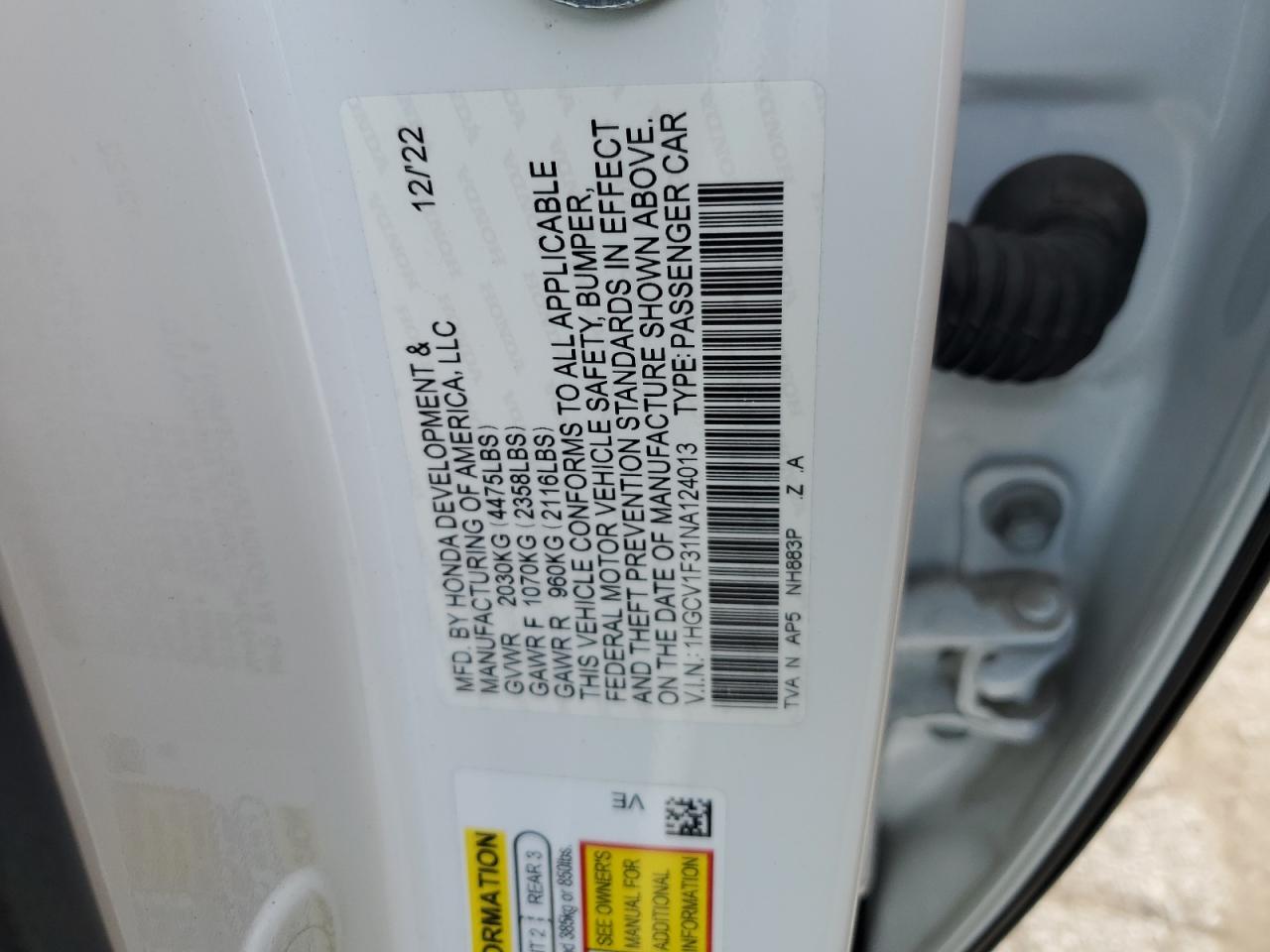 2022 HONDA ACCORD SPORT VIN:1HGCV1F31NA124013