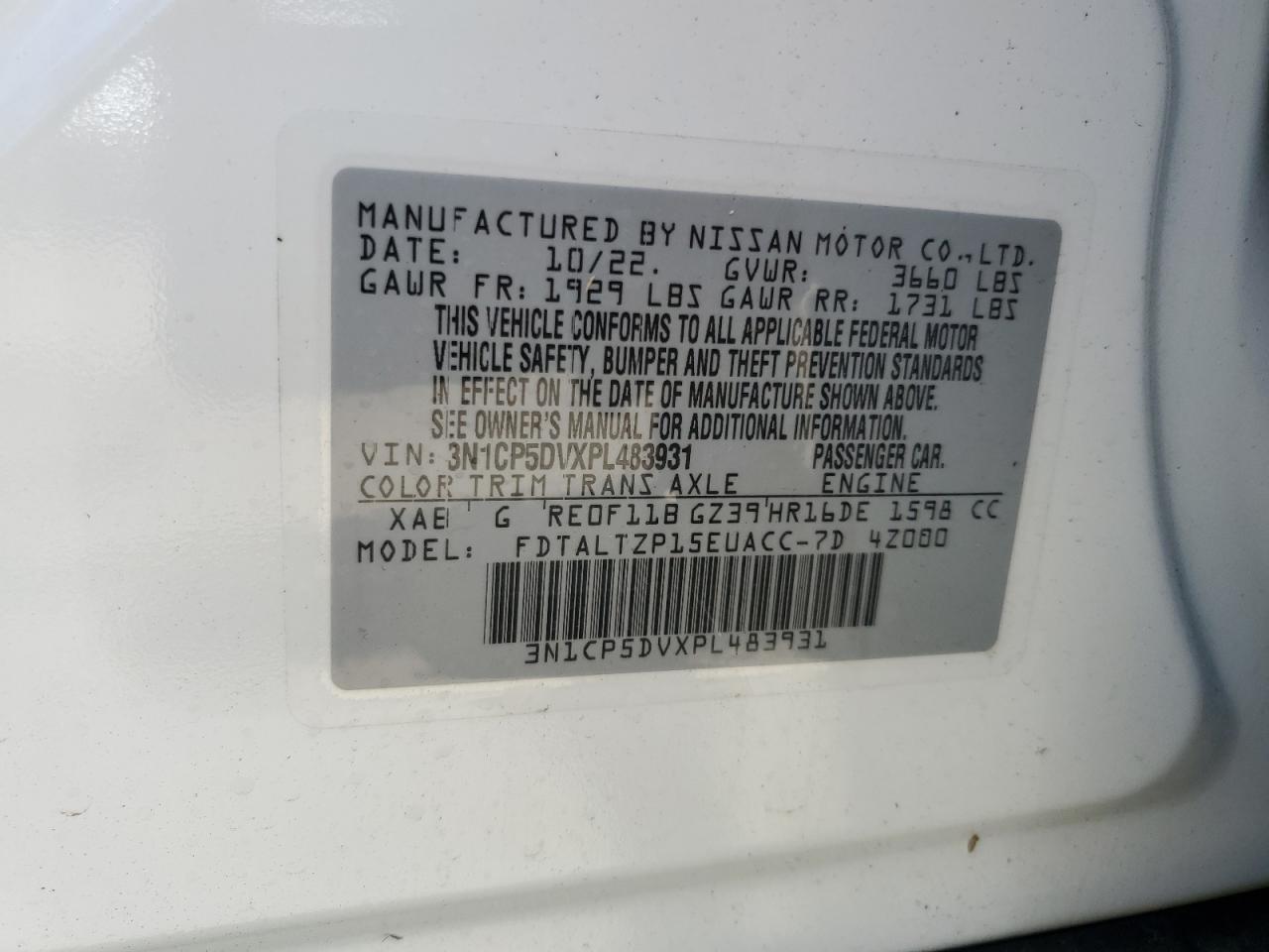 2023 NISSAN KICKS SR VIN:3N1CP5DVXPL483931