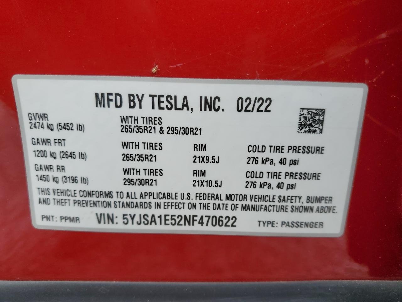 2022 TESLA MODEL S VIN:5YJSA1E52NF470622