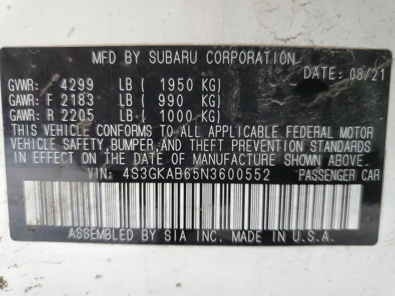 2022 SUBARU IMPREZA VIN:4S3GKAB65N3600552