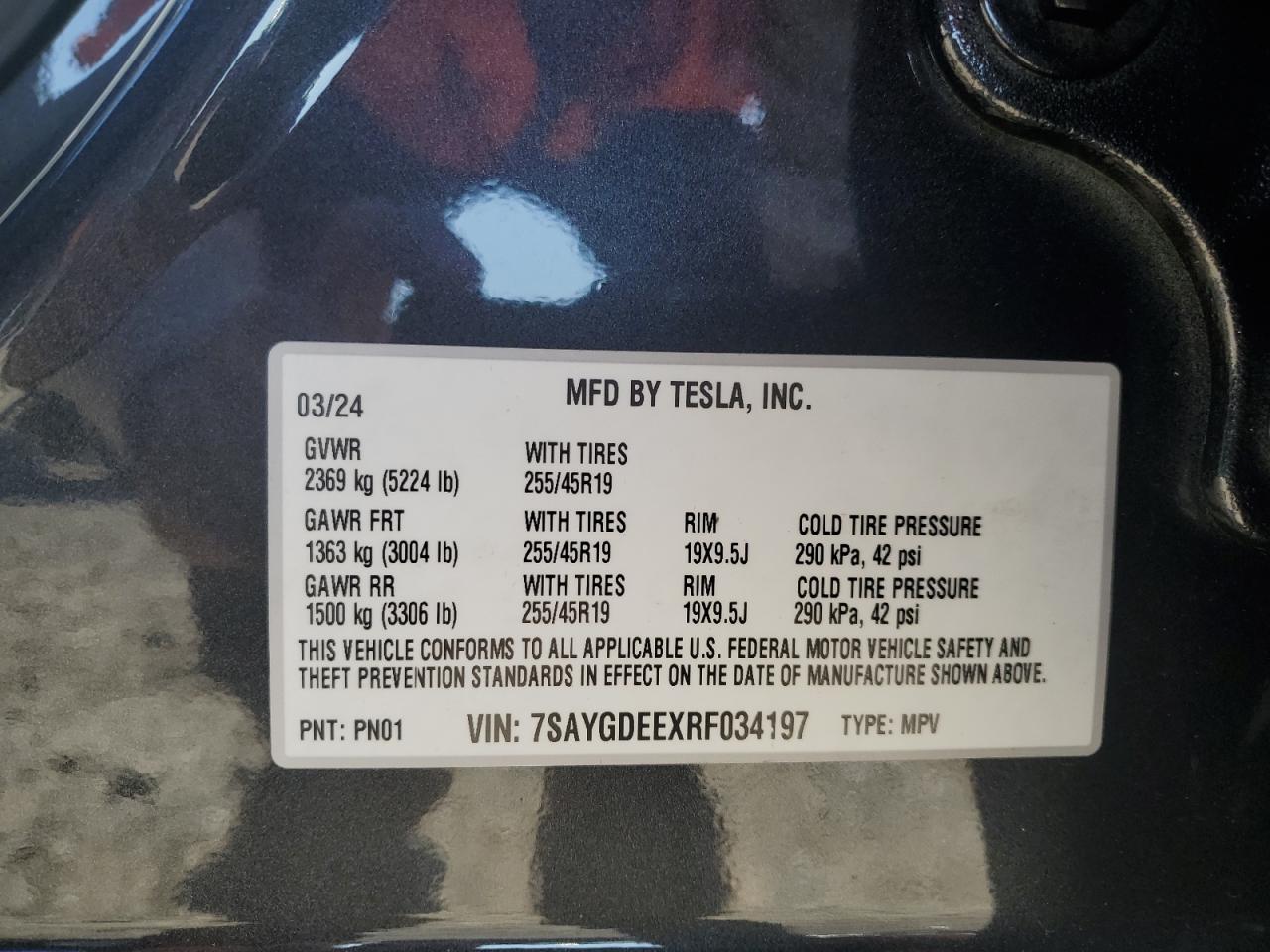 2024 TESLA MODEL Y VIN:7SAYGDEEXRF034197