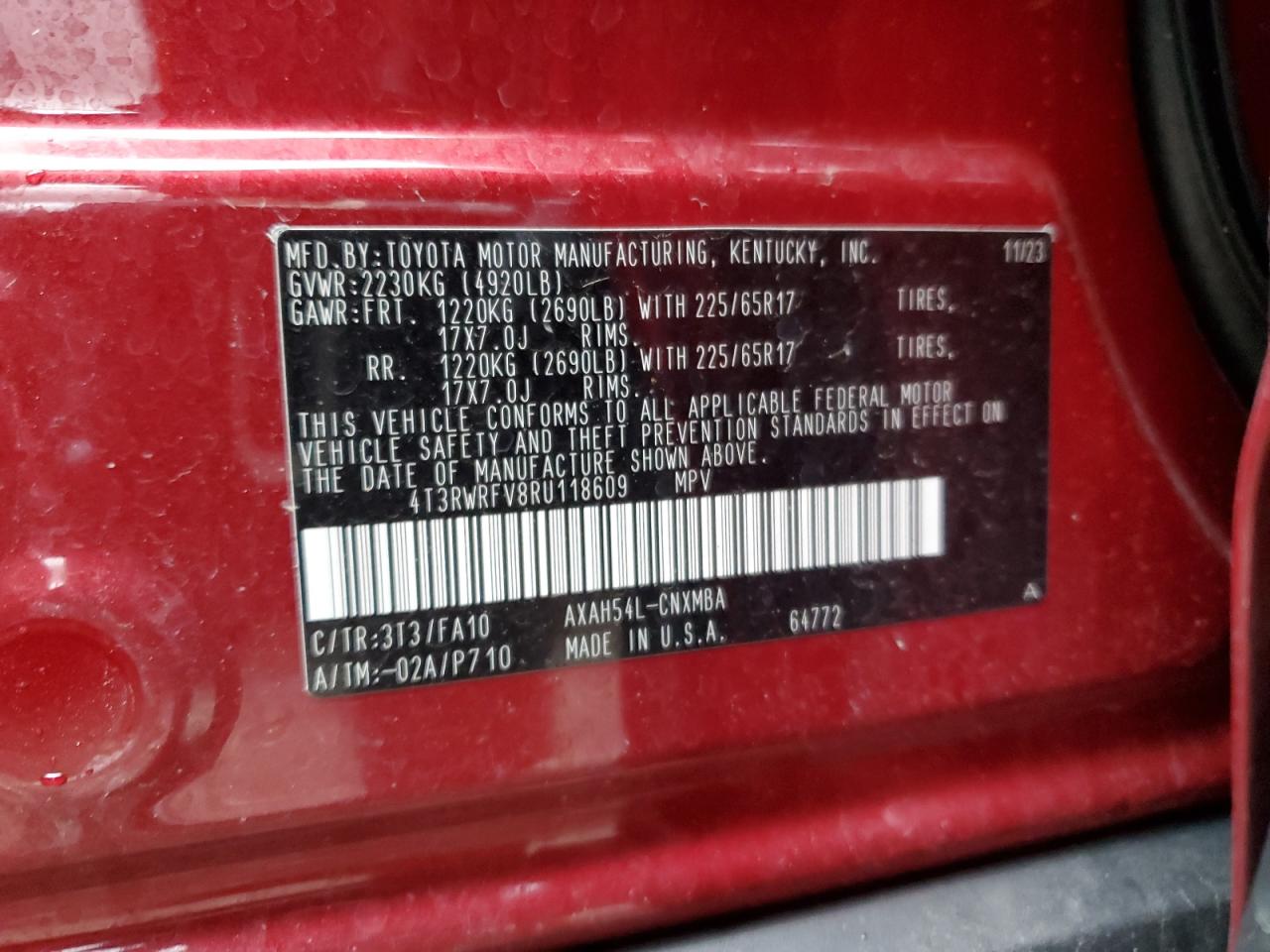 2024 TOYOTA RAV4 XLE VIN:4T3RWRFV8RU118609