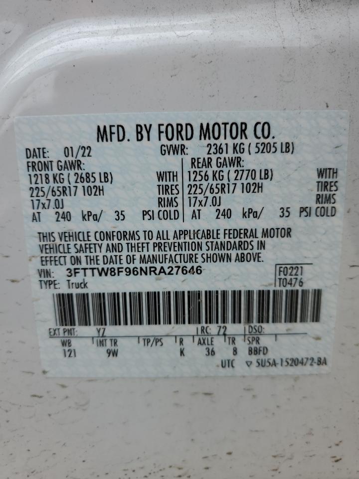 2022 FORD MAVERICK XL VIN:3FTTW8F96NRA27646