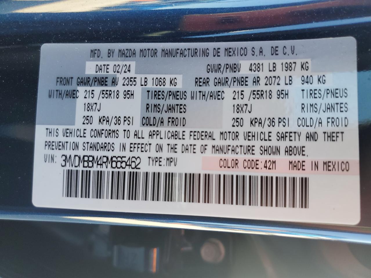 2024 MAZDA CX-30 SELECT VIN:3MVDMBBM4RM665462