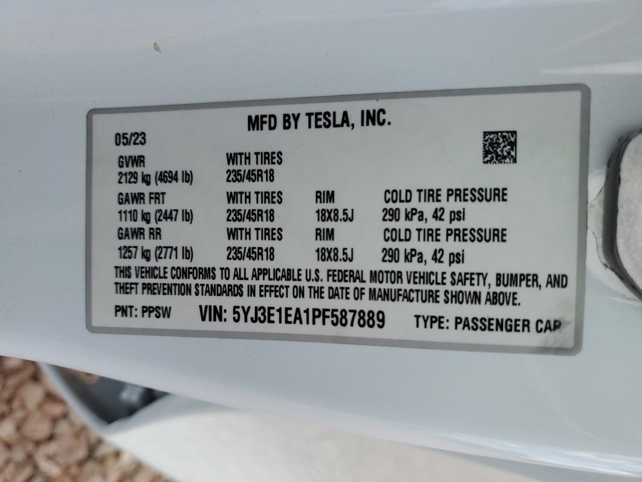 2023 TESLA MODEL 3 VIN:5YJ3E1EA1PF587889