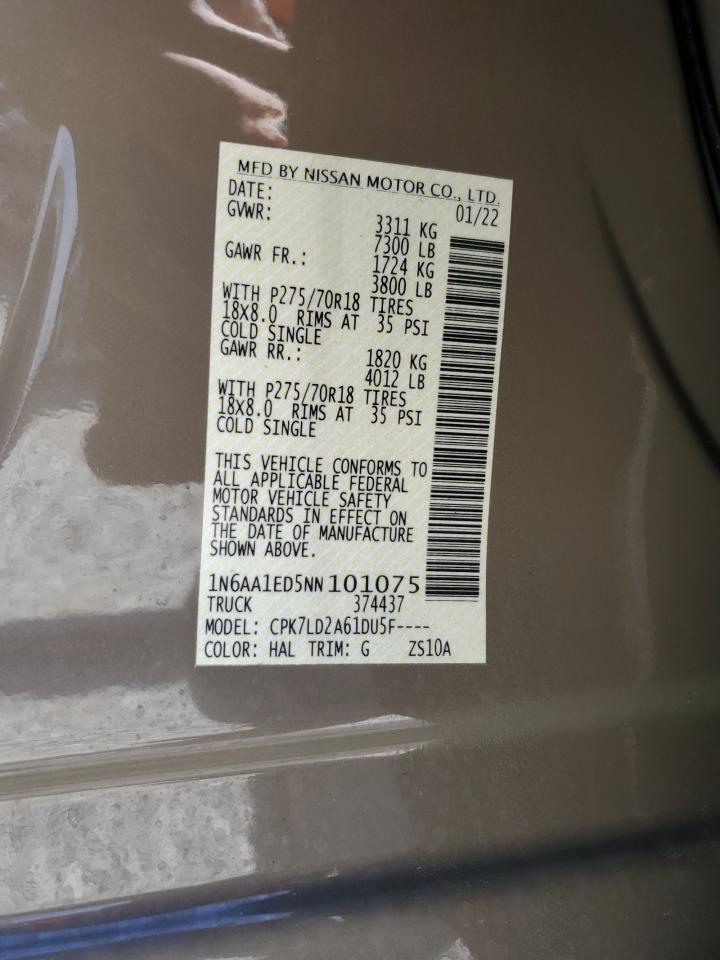 2022 NISSAN TITAN SV VIN:1N6AA1ED5NN101075