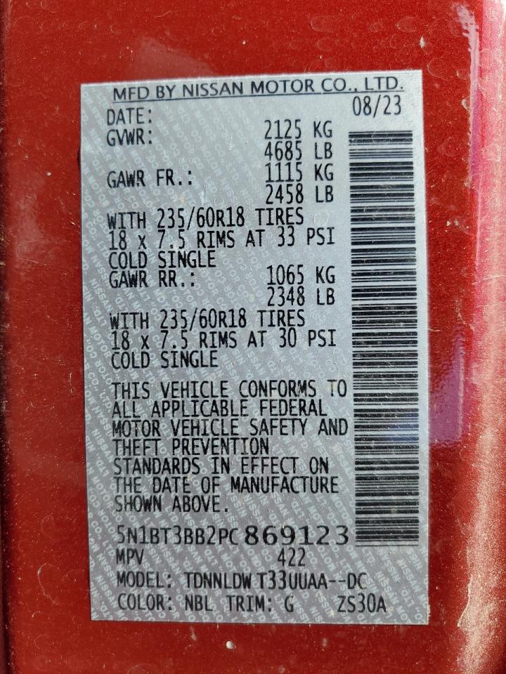 2023 NISSAN ROGUE SV VIN:5N1BT3BB2PC869123