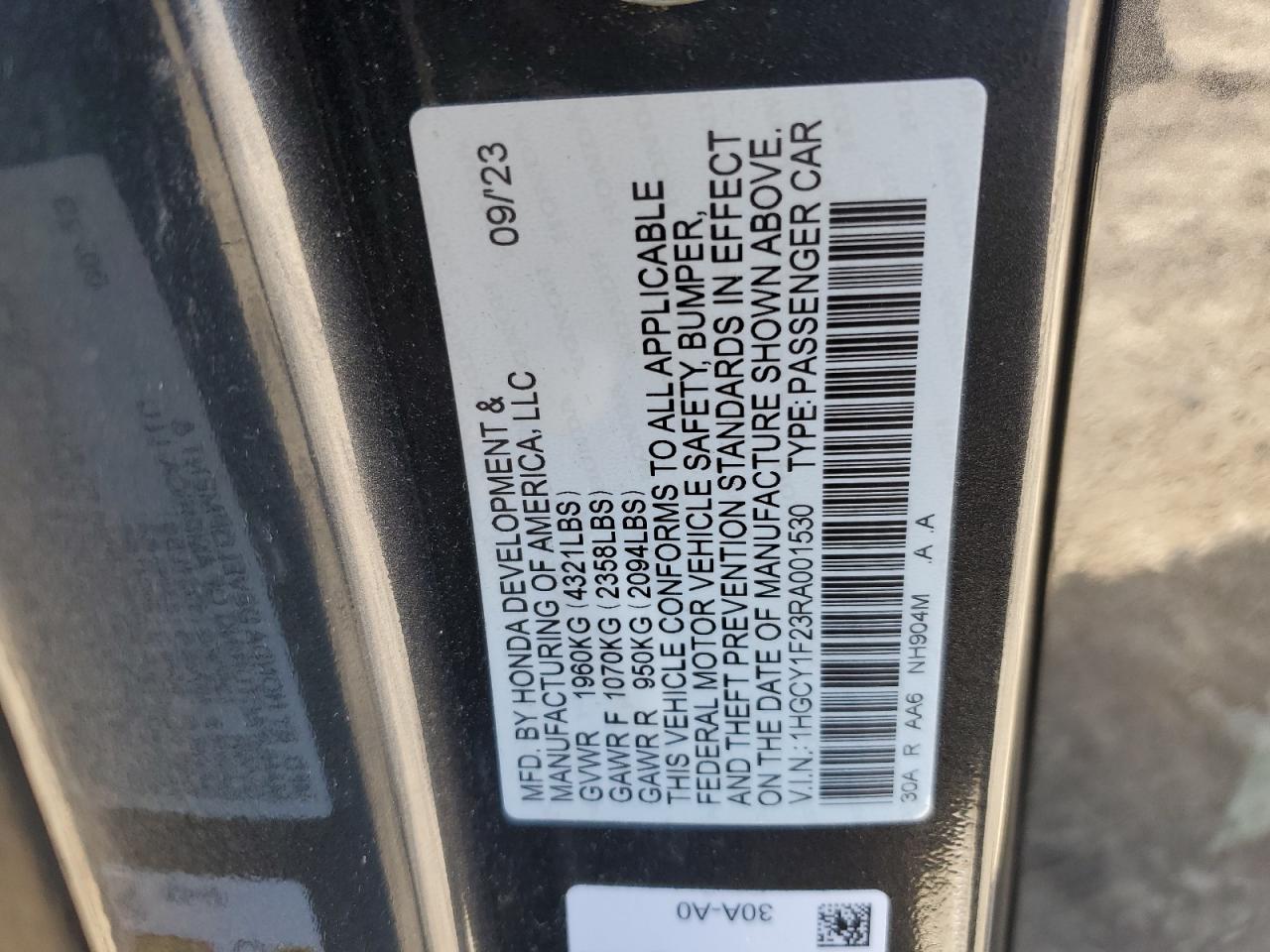 2024 HONDA ACCORD LX VIN:1HGCY1F23RA001530