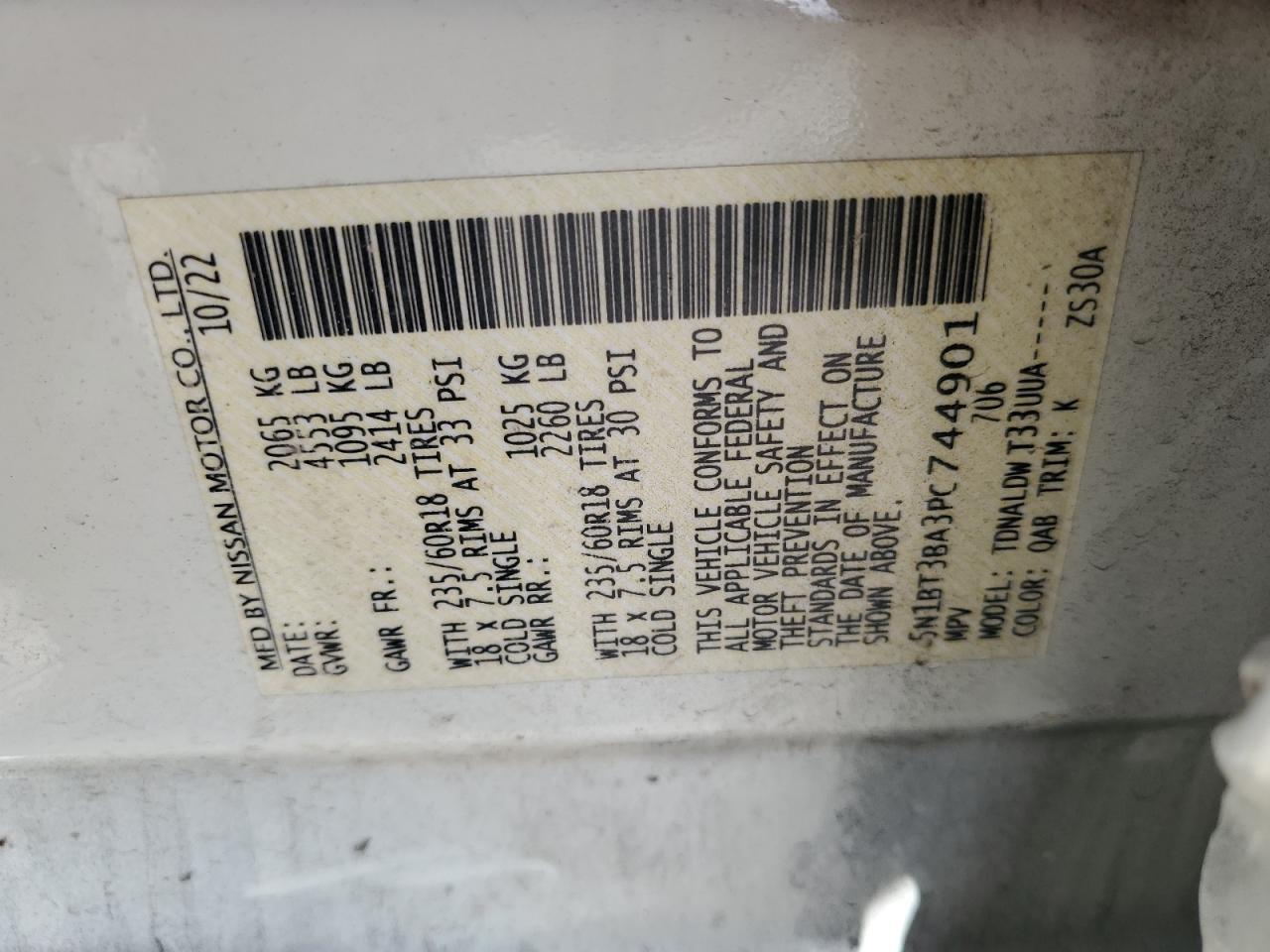 2023 NISSAN ROGUE SV VIN:5N1BT3BA3PC744901