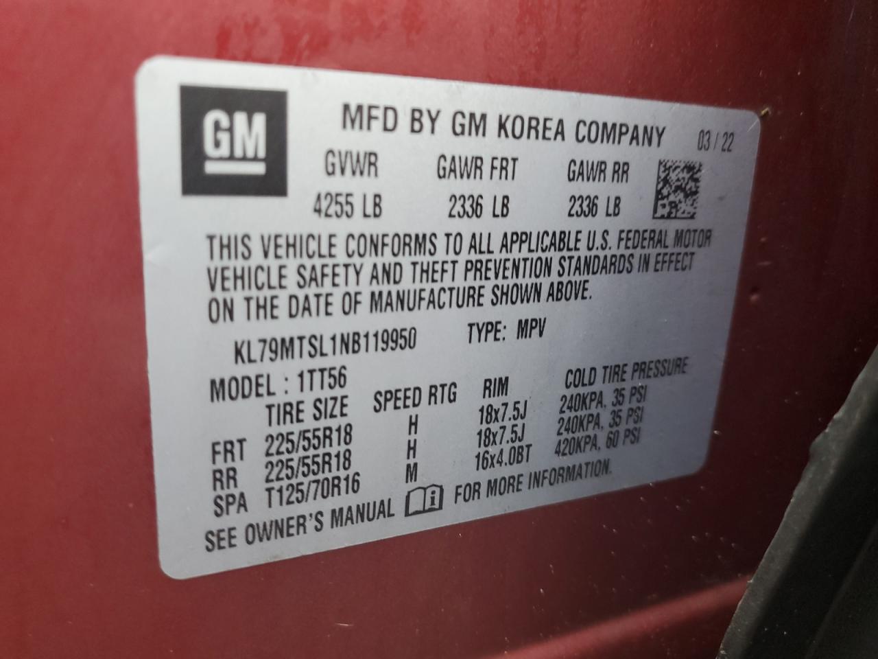 2022 CHEVROLET TRAILBLAZER RS VIN:KL79MTSL1NB119950