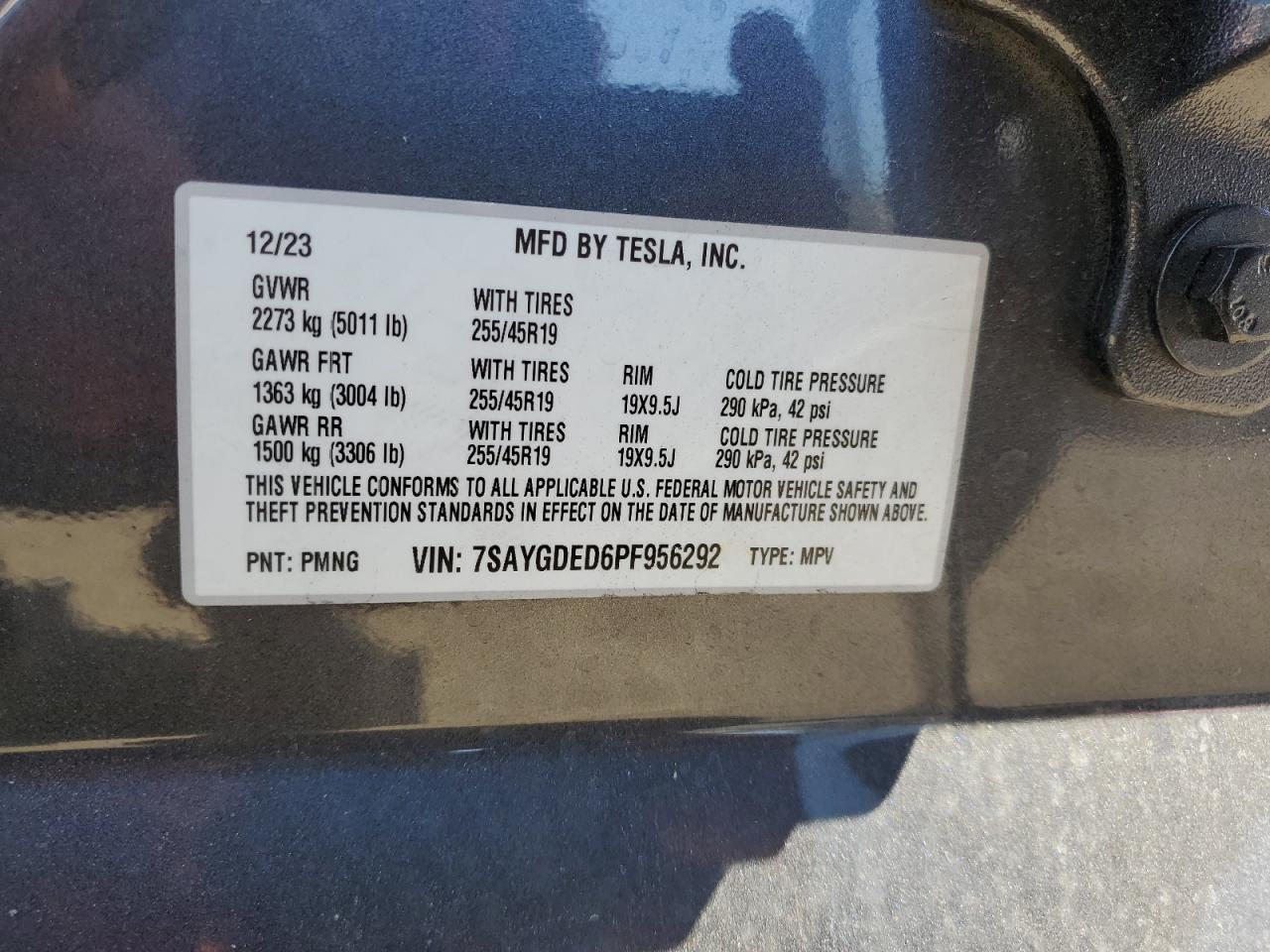 2023 TESLA MODEL Y VIN:7SAYGDED6PF956292