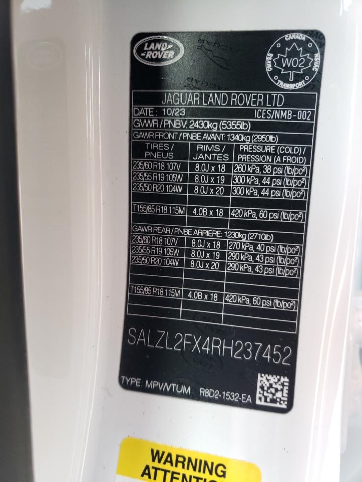 2024 LAND ROVER RANGE ROVER EVOQUE DYNAMIC SE VIN:SALZL2FX4RH237452