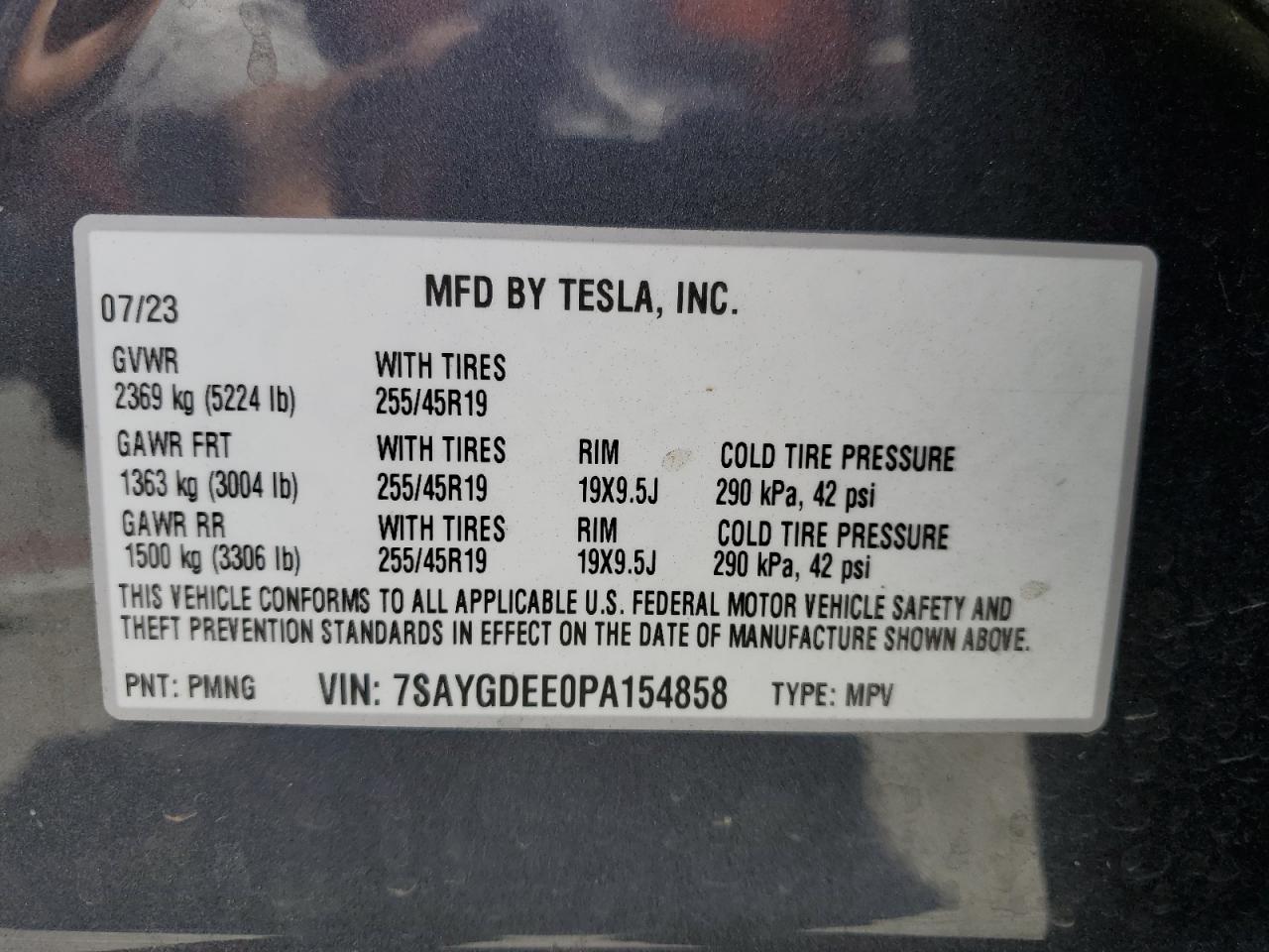 2023 TESLA MODEL Y VIN:7SAYGDEE0PA154858