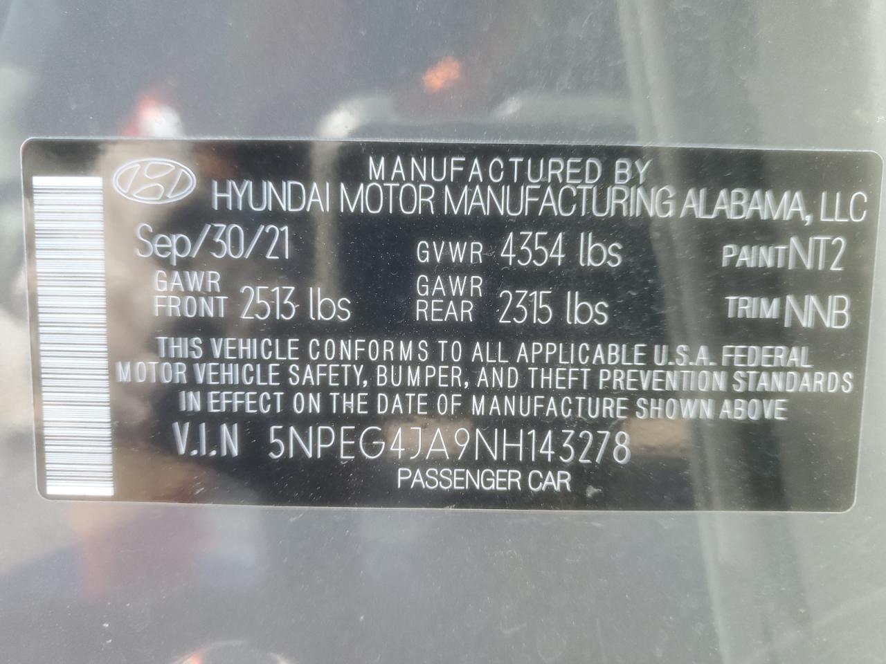 2022 HYUNDAI SONATA SE VIN:5NPEG4JA9NH143278