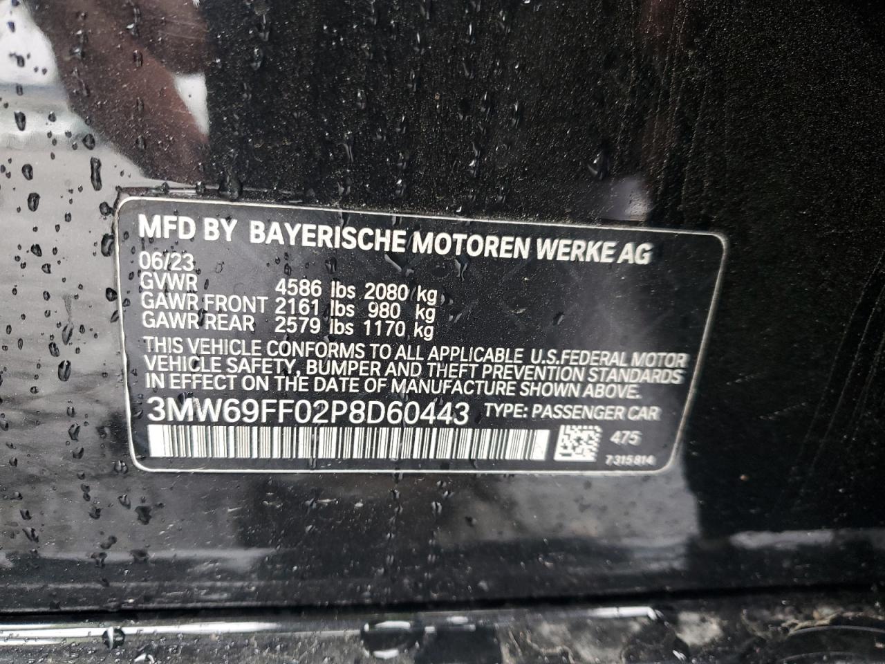 2023 BMW 330I VIN:3MW69FF02P8D60443