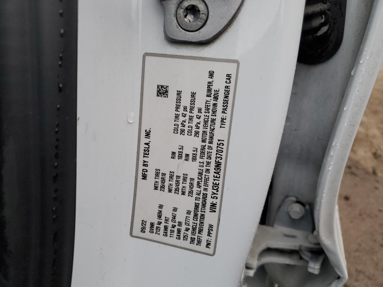 2022 TESLA MODEL 3 VIN:5YJ3E1EA9NF370751