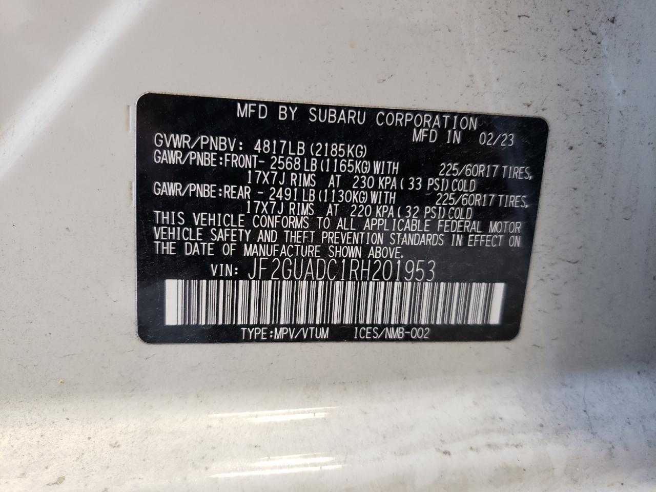 2024 SUBARU CROSSTREK PREMIUM VIN:JF2GUADC1RH201953