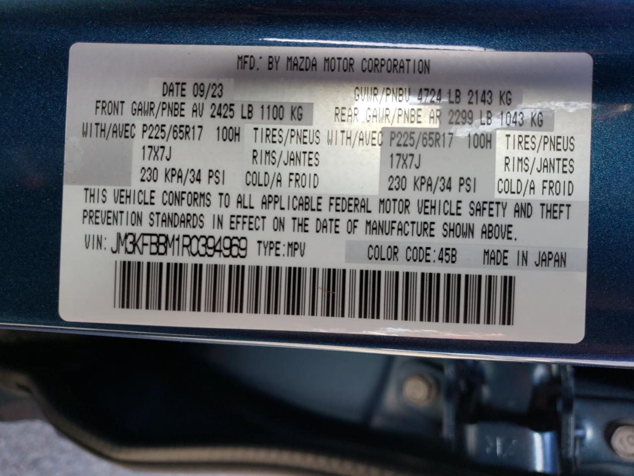 2024 MAZDA CX-5 SELECT VIN:JM3KFBBM1R0394969