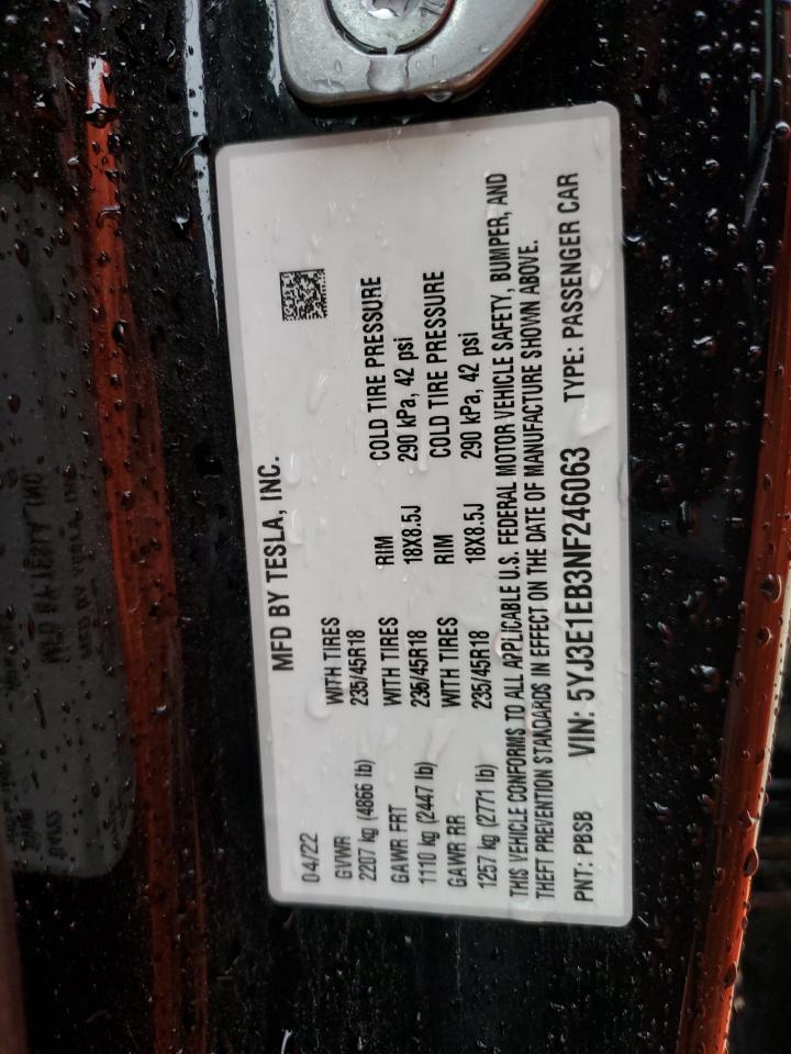 2022 TESLA MODEL 3 VIN:5YJ3E1EB3NF246063