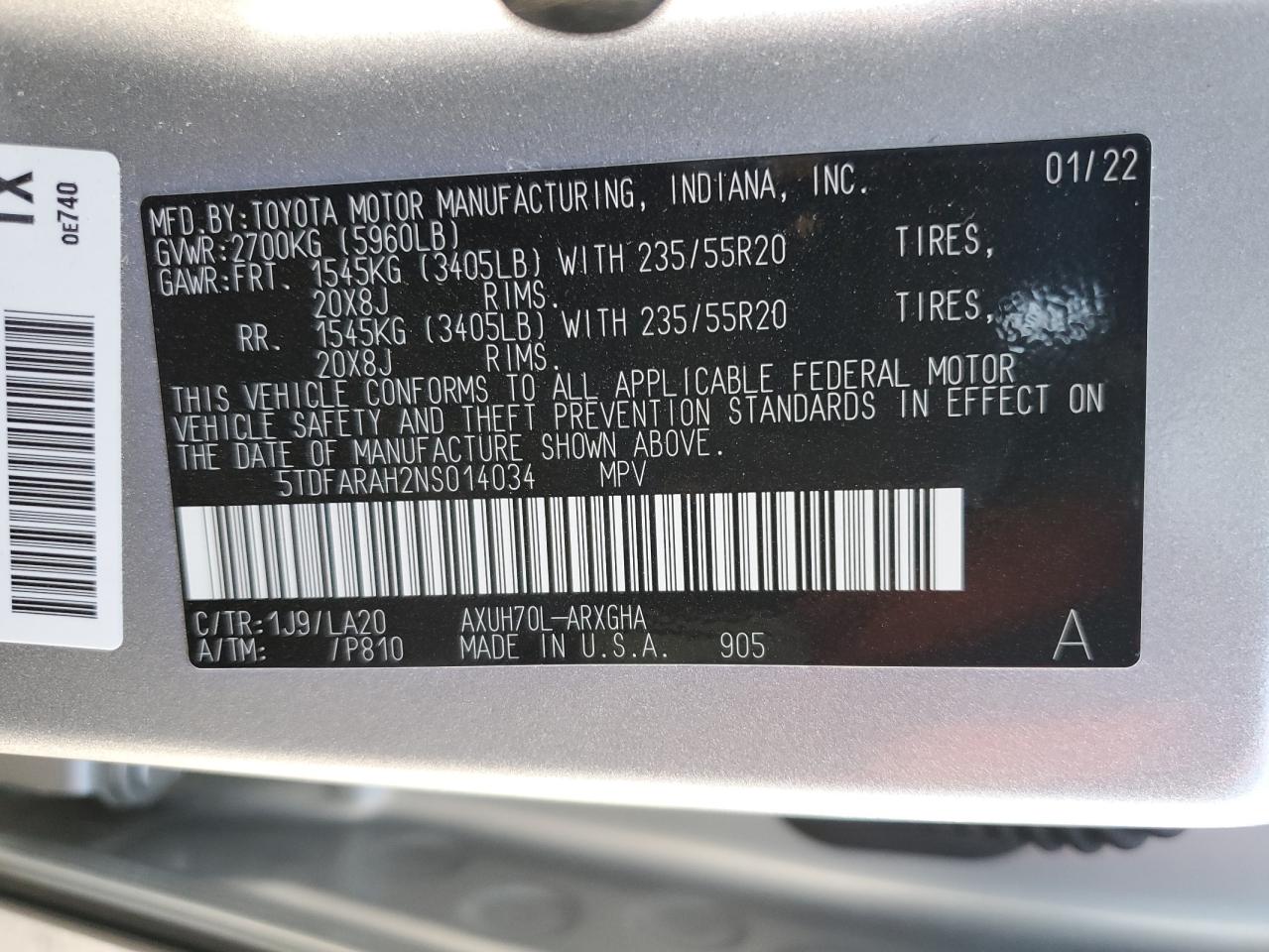 2022 TOYOTA HIGHLANDER HYBRID PLATINUM VIN:5TDFARAH2NS014034