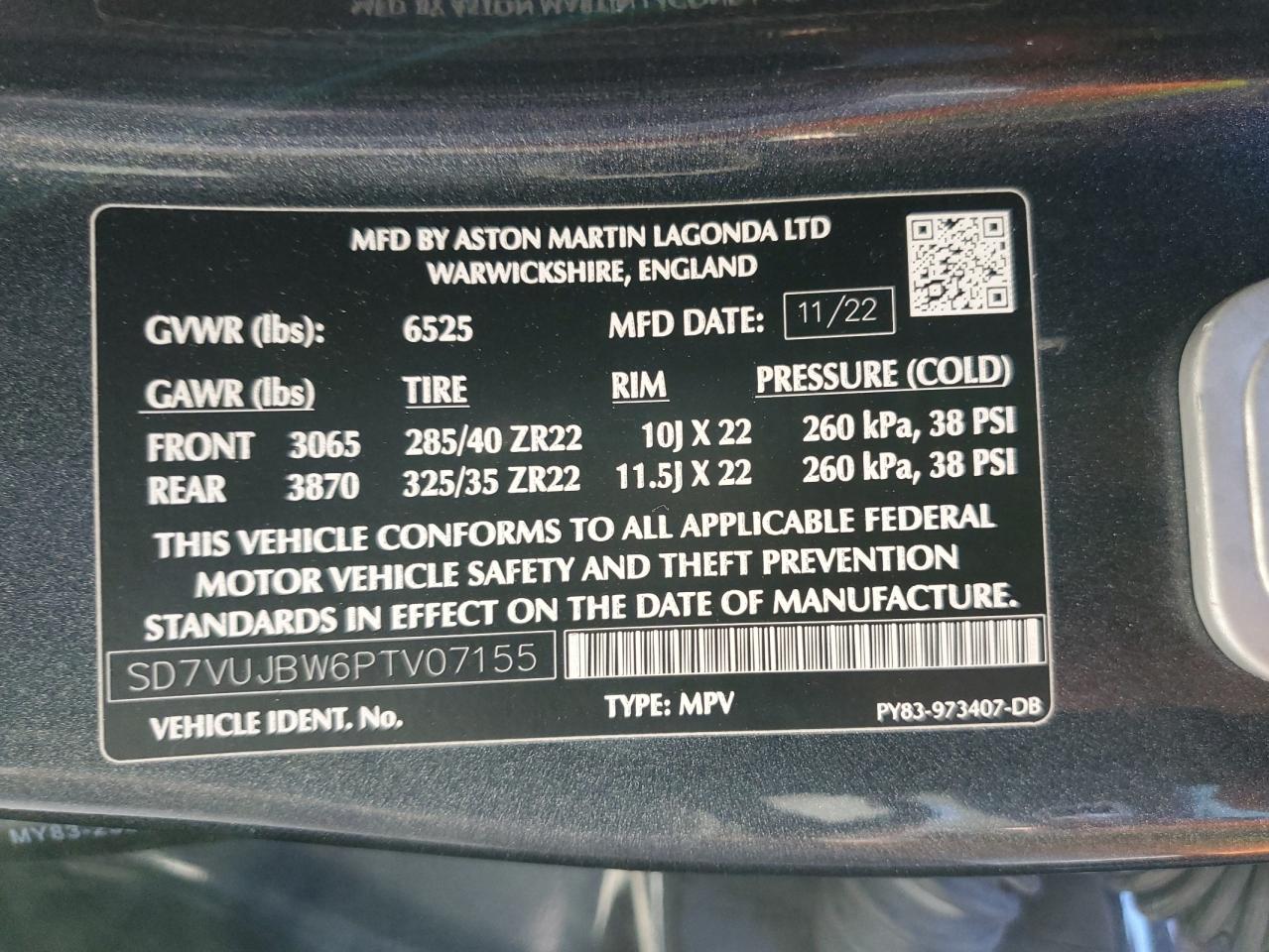 2023 ASTON MARTIN DBX 707 VIN:SD7VUJBW6PTV07155