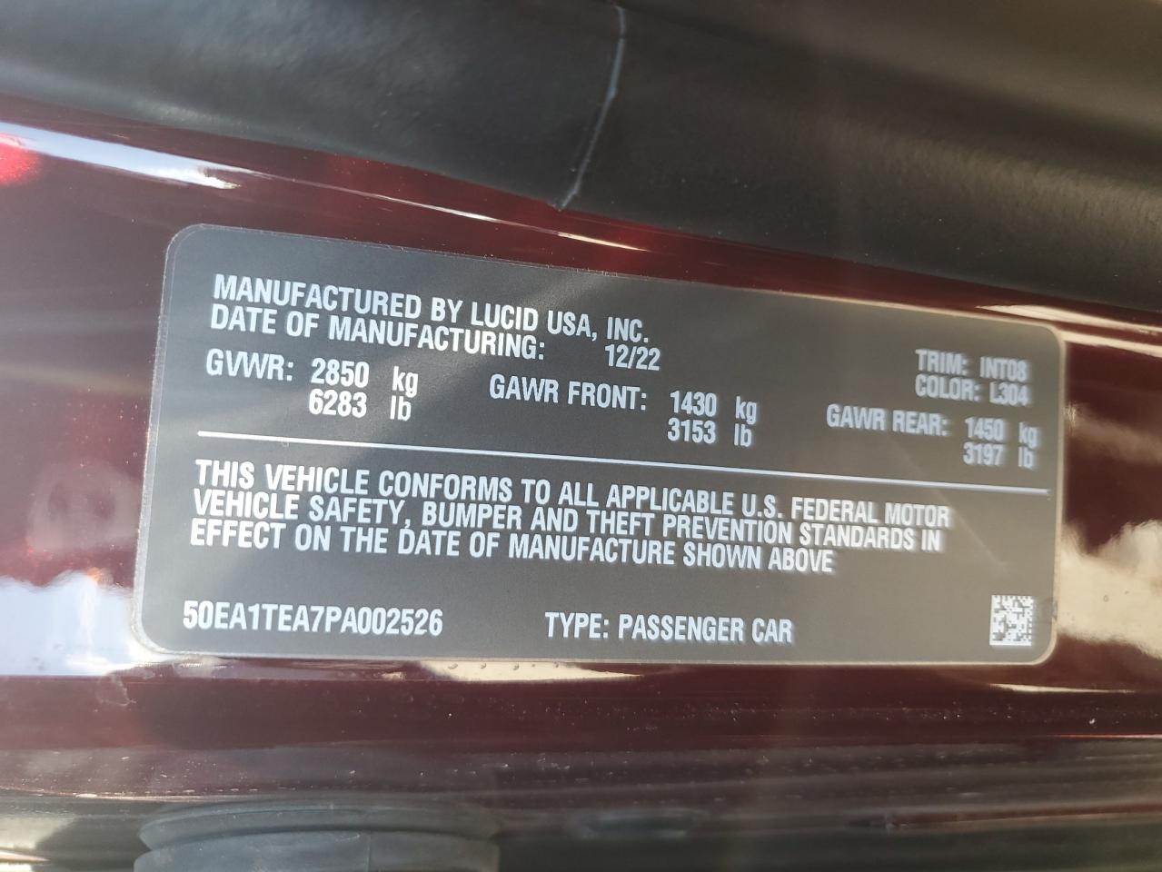 2023 LUCID MOTORS AIR TOURING VIN:50EA1TEA7PA002526