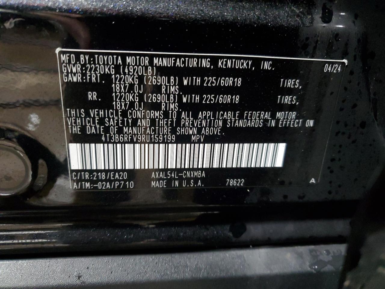 2024 TOYOTA RAV4 XLE PREMIUM VIN:4T3B6RFV9RU159199