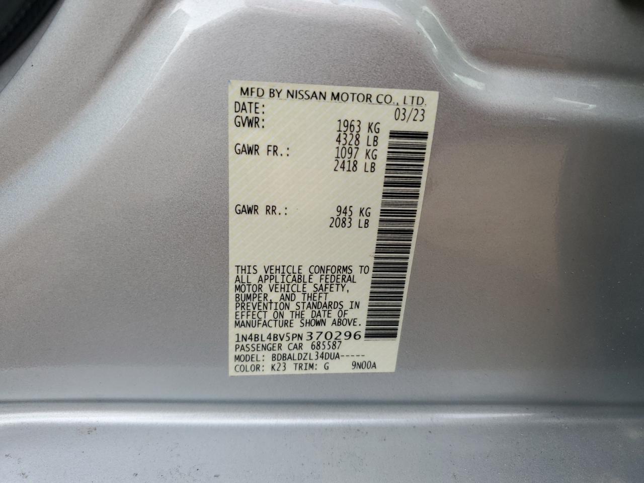 2023 NISSAN ALTIMA S VIN:1N4BL4BV5PN370296