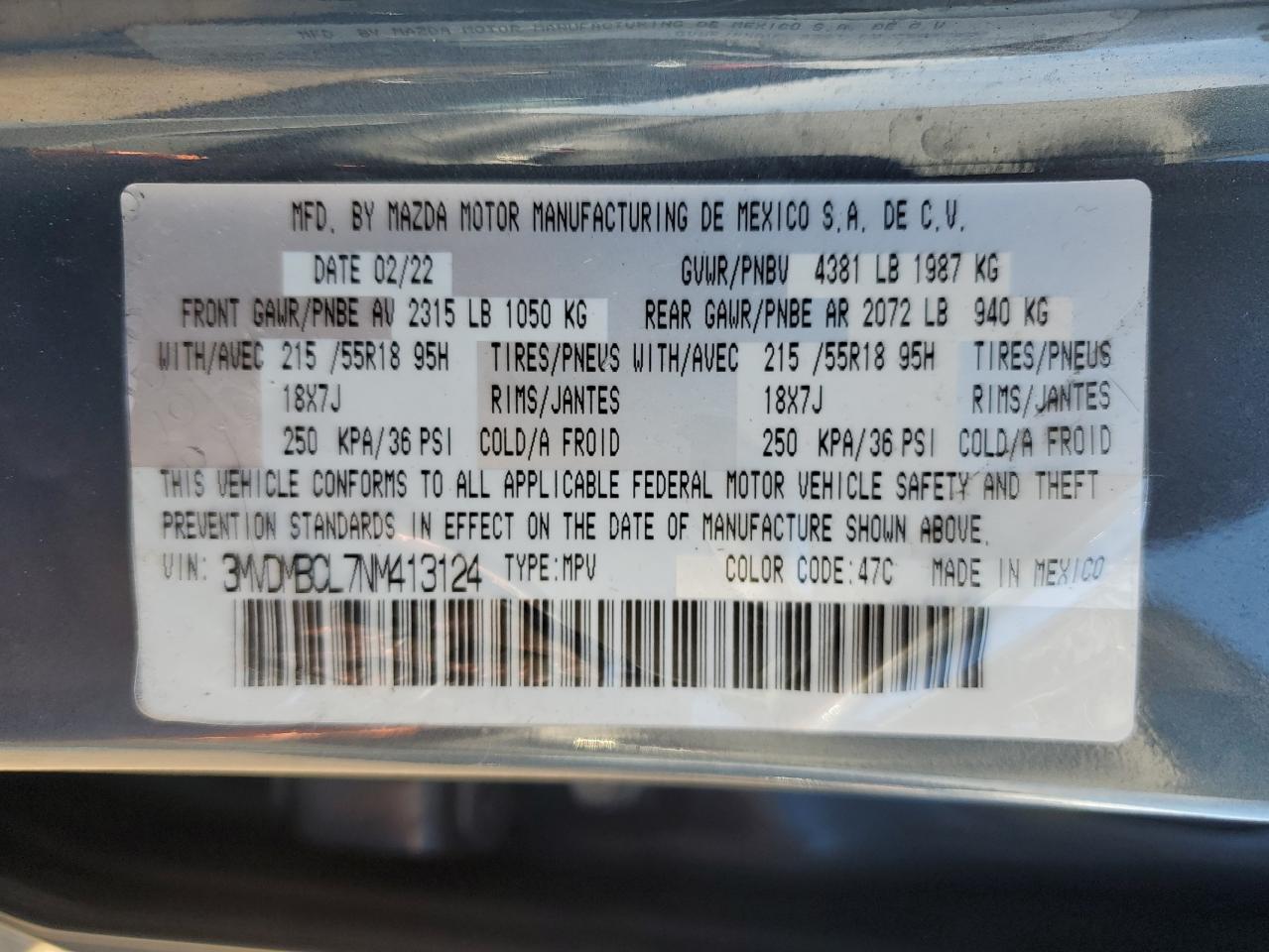 2022 MAZDA CX-30 PREFERRED VIN:3MVDMBCL7NM413124