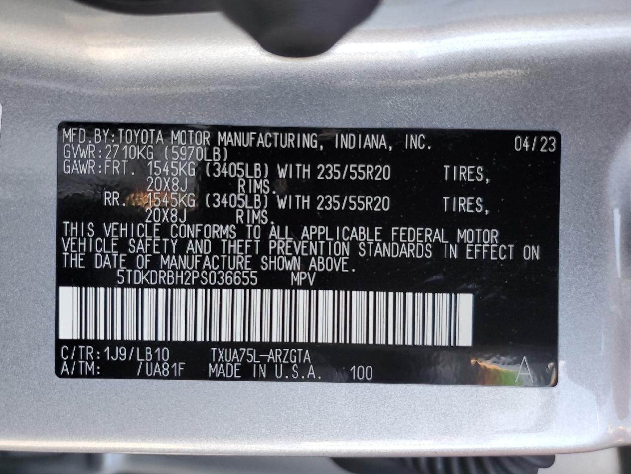 2023 TOYOTA HIGHLANDER L VIN:5TDKDRBH2PS036655