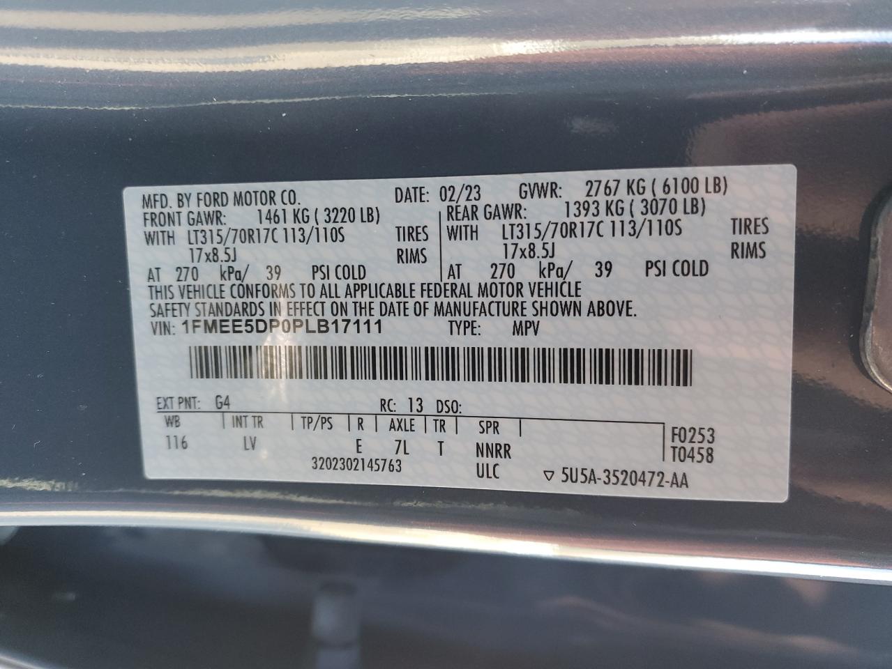 2023 FORD BRONCO BASE VIN:1FMEE5DP0PLB17111