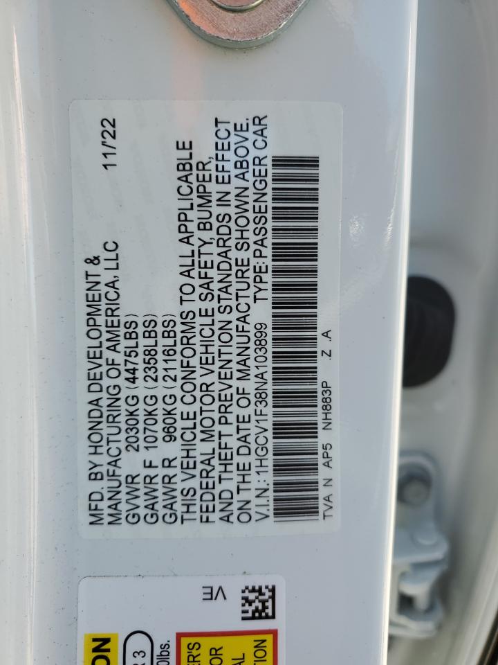 2022 HONDA ACCORD SPORT VIN:1HGCV1F38NA103899