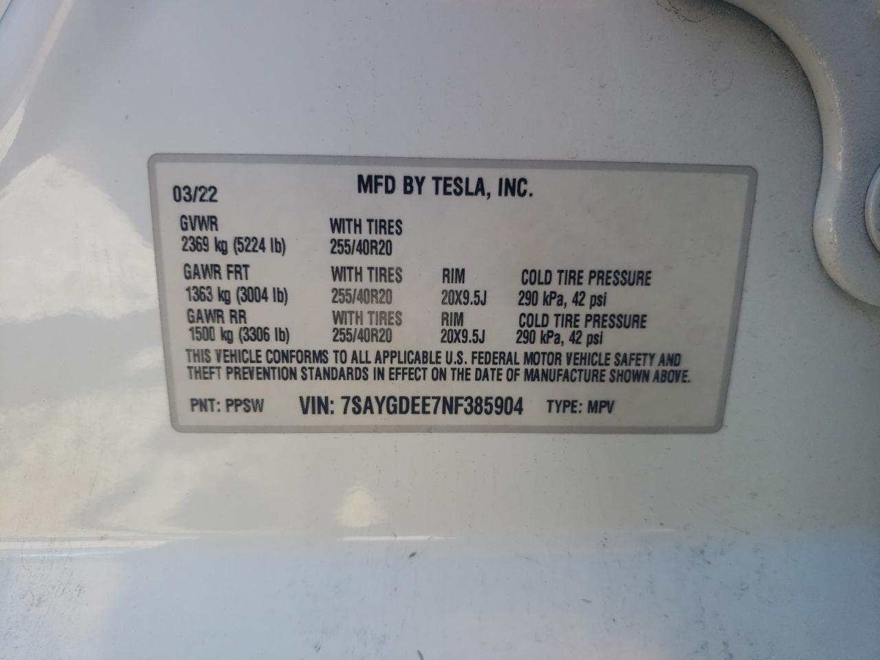 2022 TESLA MODEL Y VIN:7SAYGDEE7NF385904