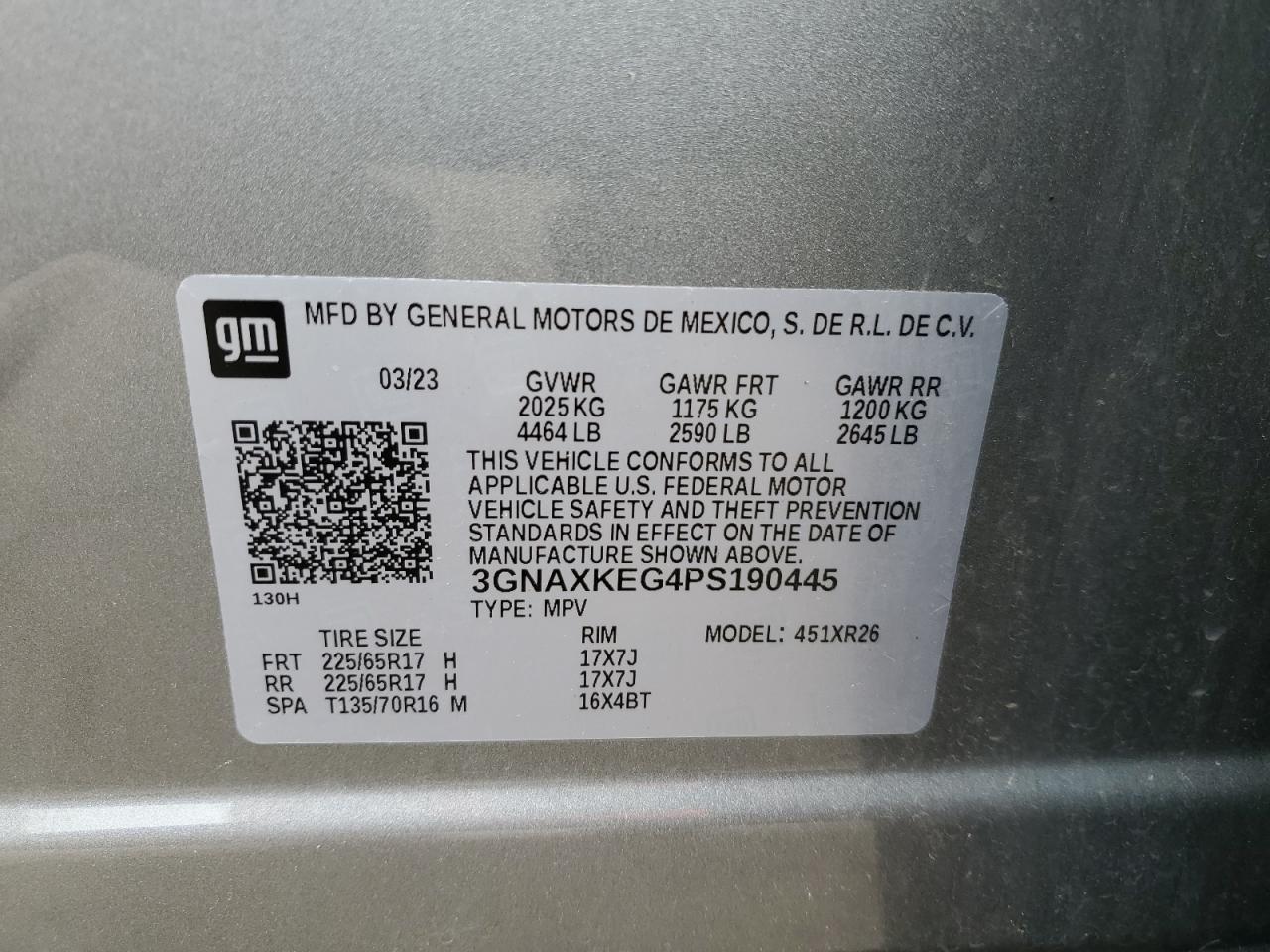 2023 CHEVROLET EQUINOX LT VIN:3GNAXKEG4PS190445
