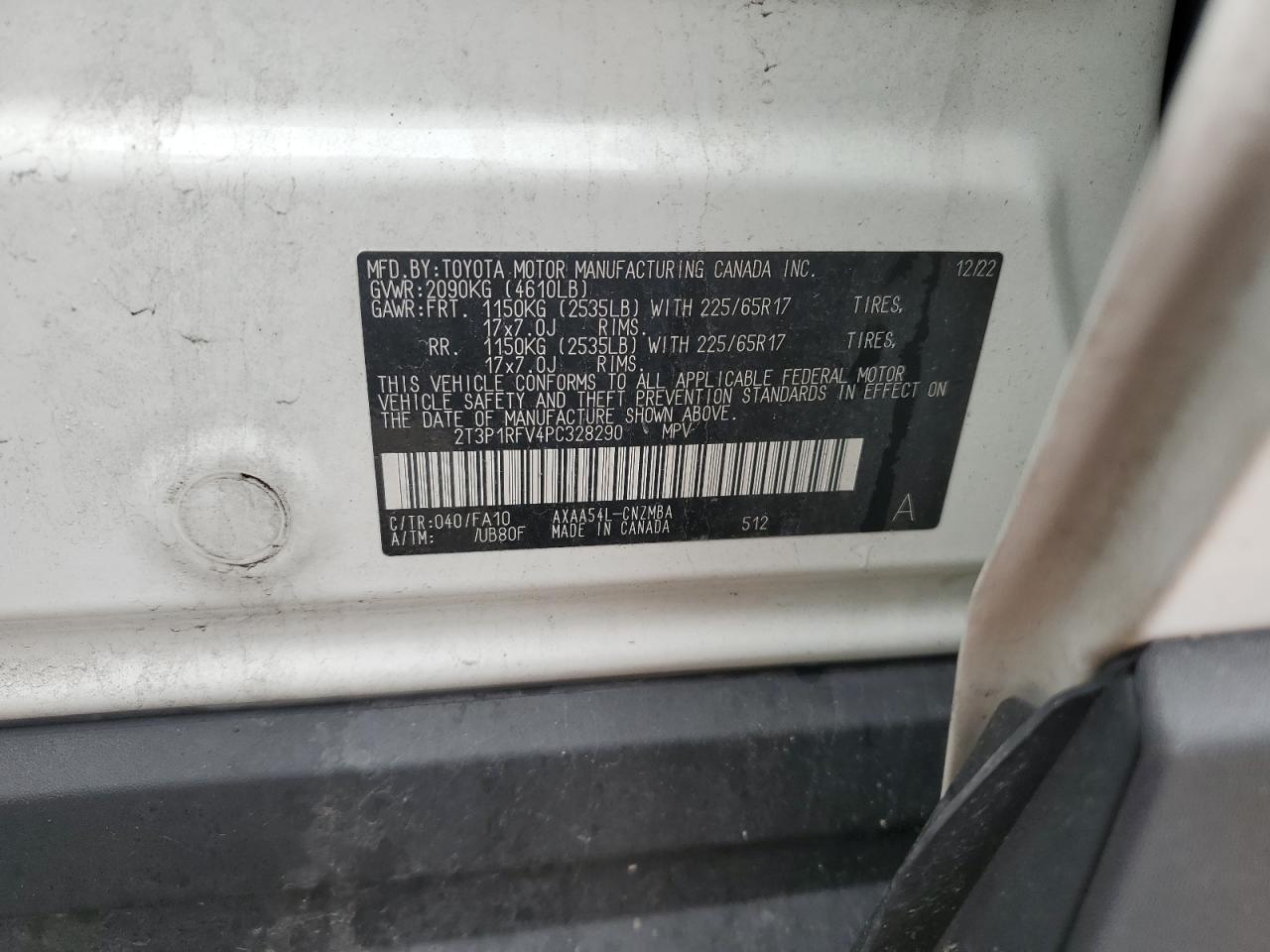 2023 TOYOTA RAV4 XLE VIN:2T3P1RFV4PC328290