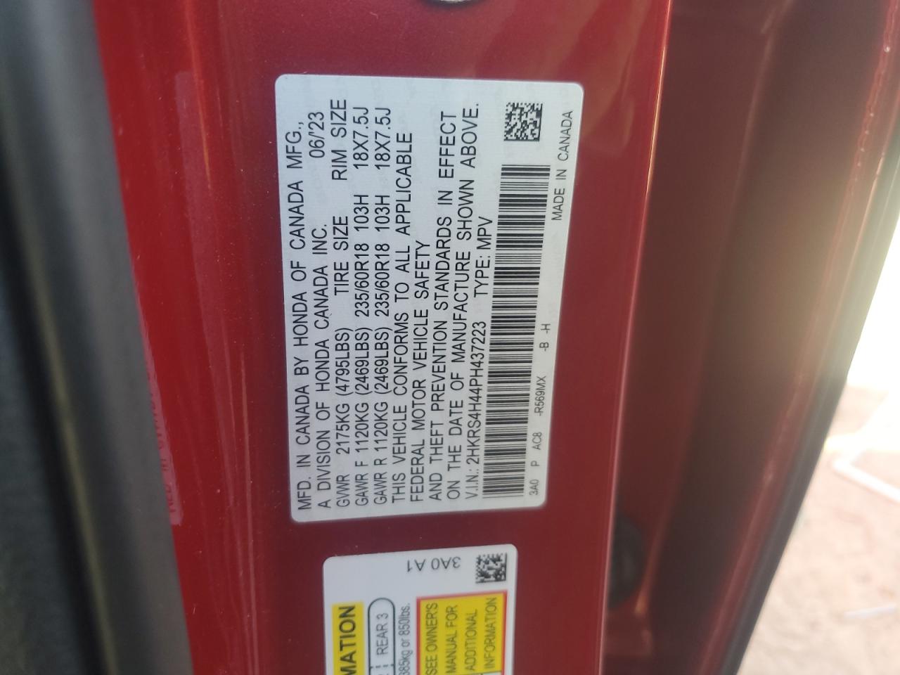 2023 HONDA CR-V EX VIN:2HKRS4H44PH437223