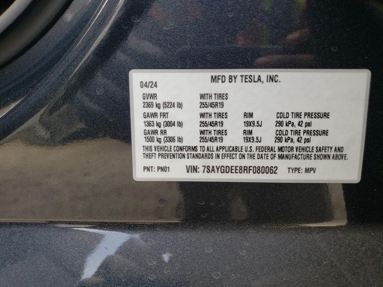 2024 TESLA MODEL Y VIN:7SAYGDEE8RF080062