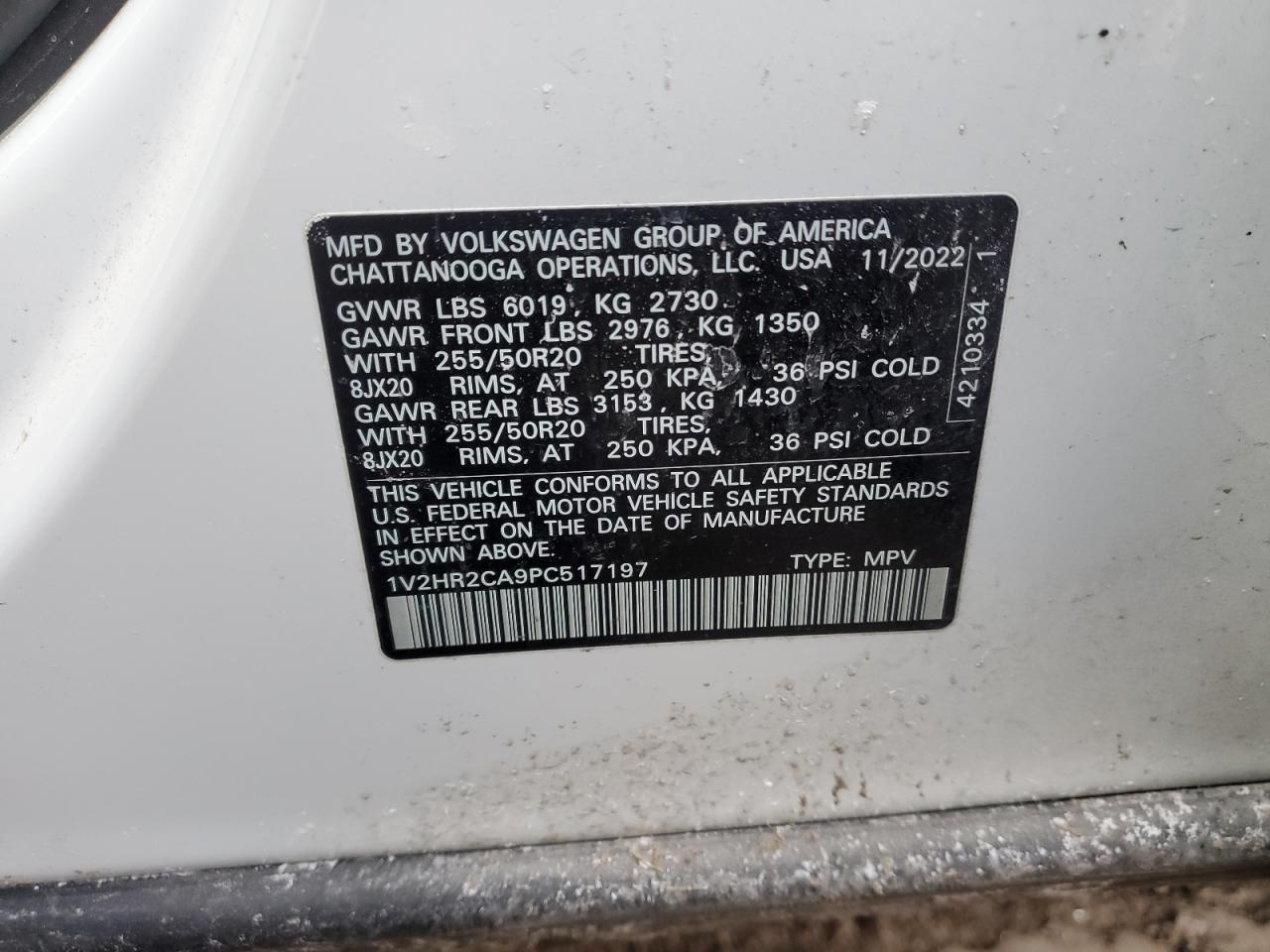 2023 VOLKSWAGEN ATLAS SE VIN:1V2HR2CA9PC517197