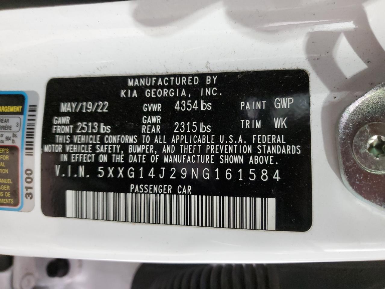 2022 KIA K5 LXS VIN:5XXG14J29NG161584