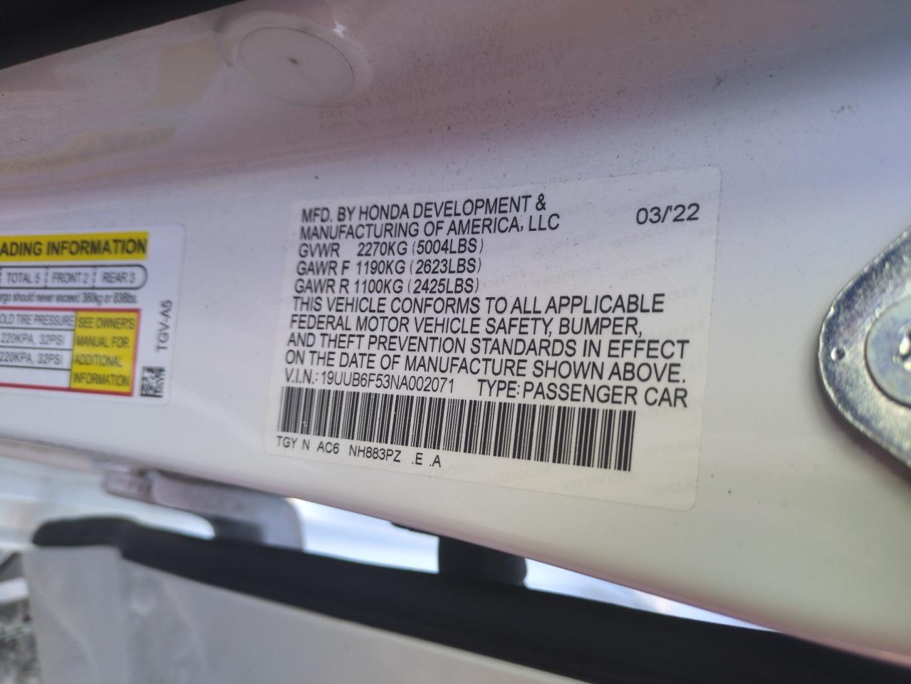 2022 ACURA TLX TECH A VIN:19UUB6F53NA002071