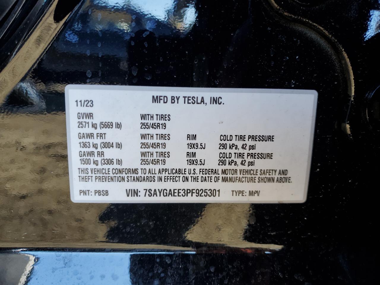 2023 TESLA MODEL Y VIN:7SAYGAEE3PF925301