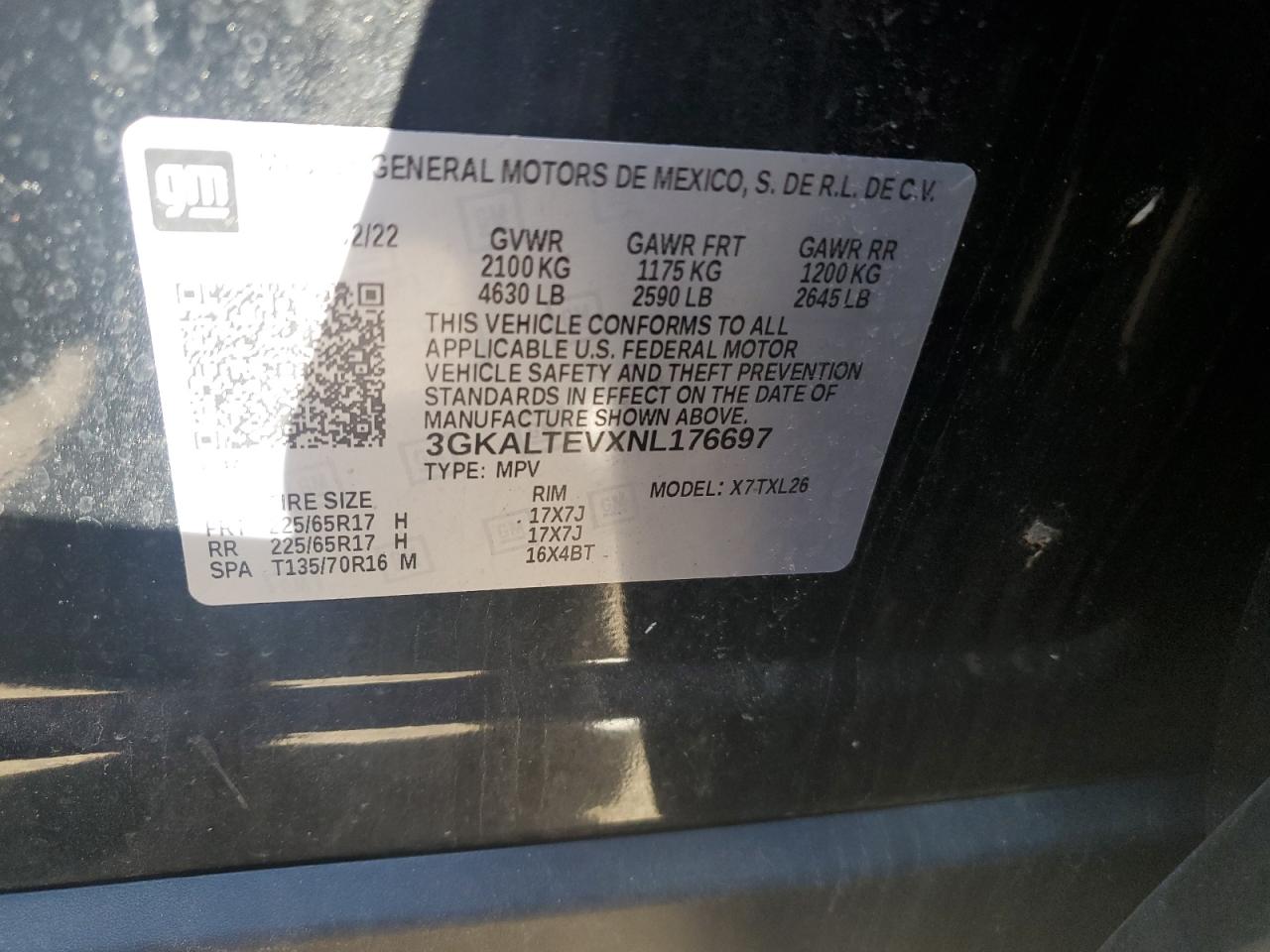 2022 GMC TERRAIN SLE VIN:3GKALTEVXNL176697