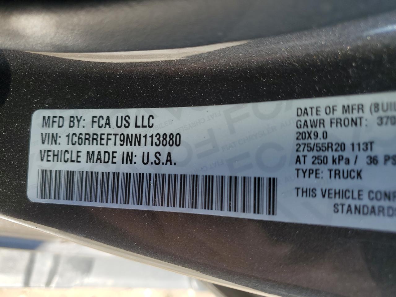 2022 RAM 1500 BIG HORN/LONE STAR VIN:1C6RREFT9NN113880