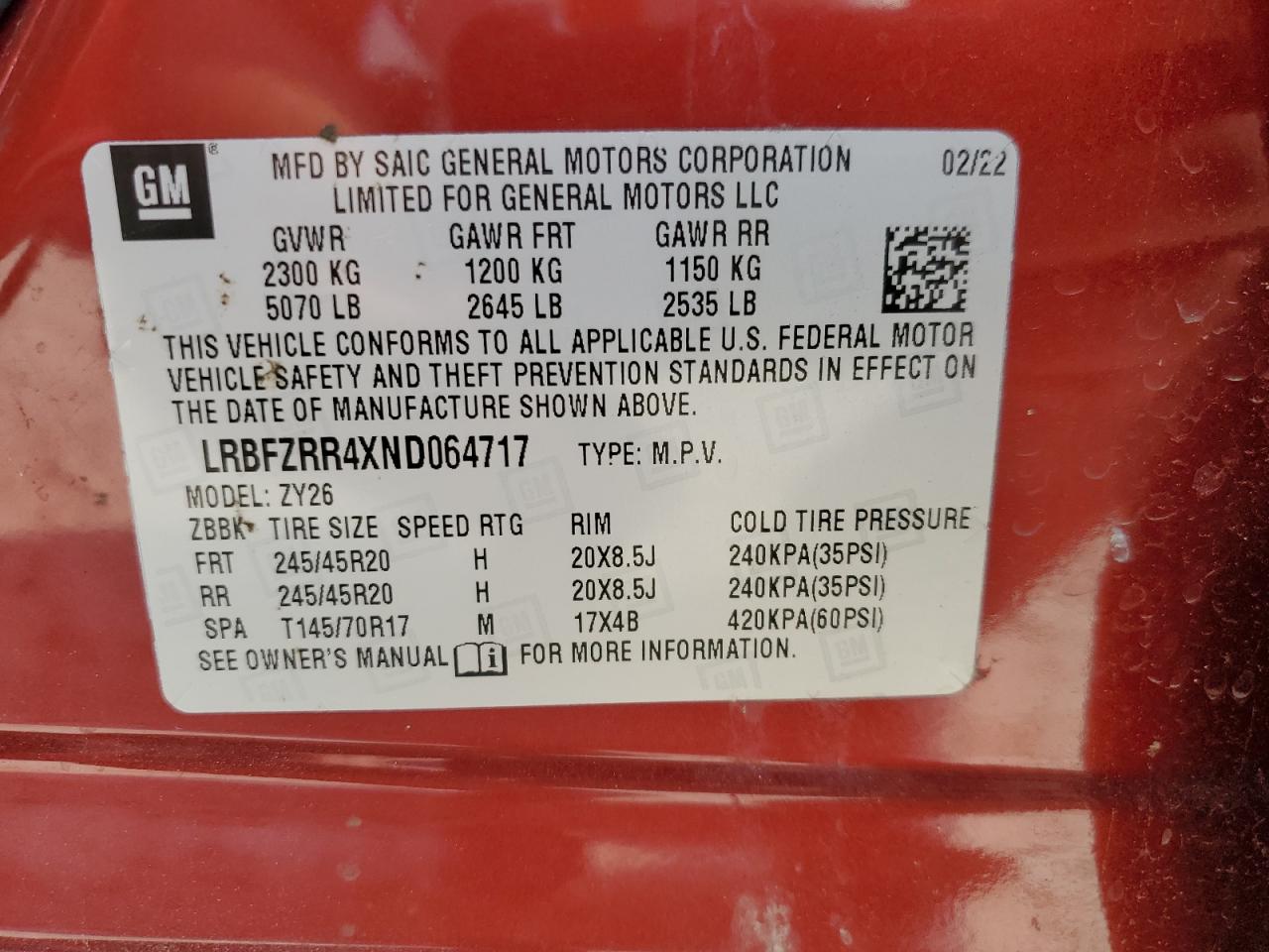 2022 BUICK ENVISION AVENIR VIN:LRBFZRR4XND064717